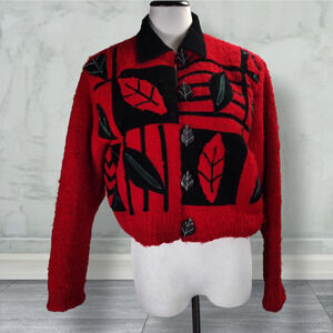 Vintage 90s Wearable Art Boucle Bomber Jacket Red Black Leaf Applique